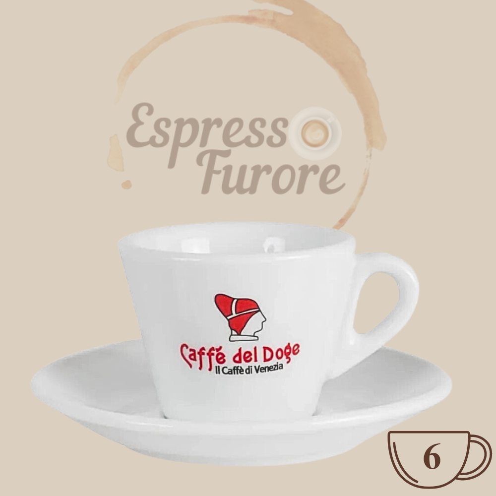 Doge original Logo Espressotasse Rizzardini mit Unterteller weiß 6 Stück Espresso Furore