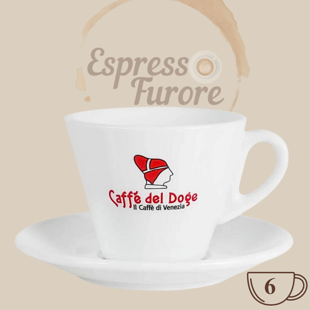 Caffè del Doge Logo Cappuccinotasse Rizzardini mit Unterteller weiß 6 Stück – espresso-furore