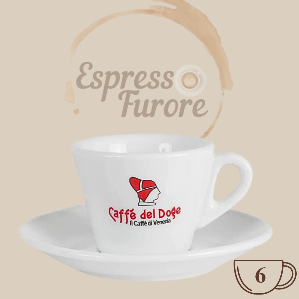 Doge original Logo Espressotasse Rizzardini mit Unterteller weiß 6 Stück  Espresso Furore