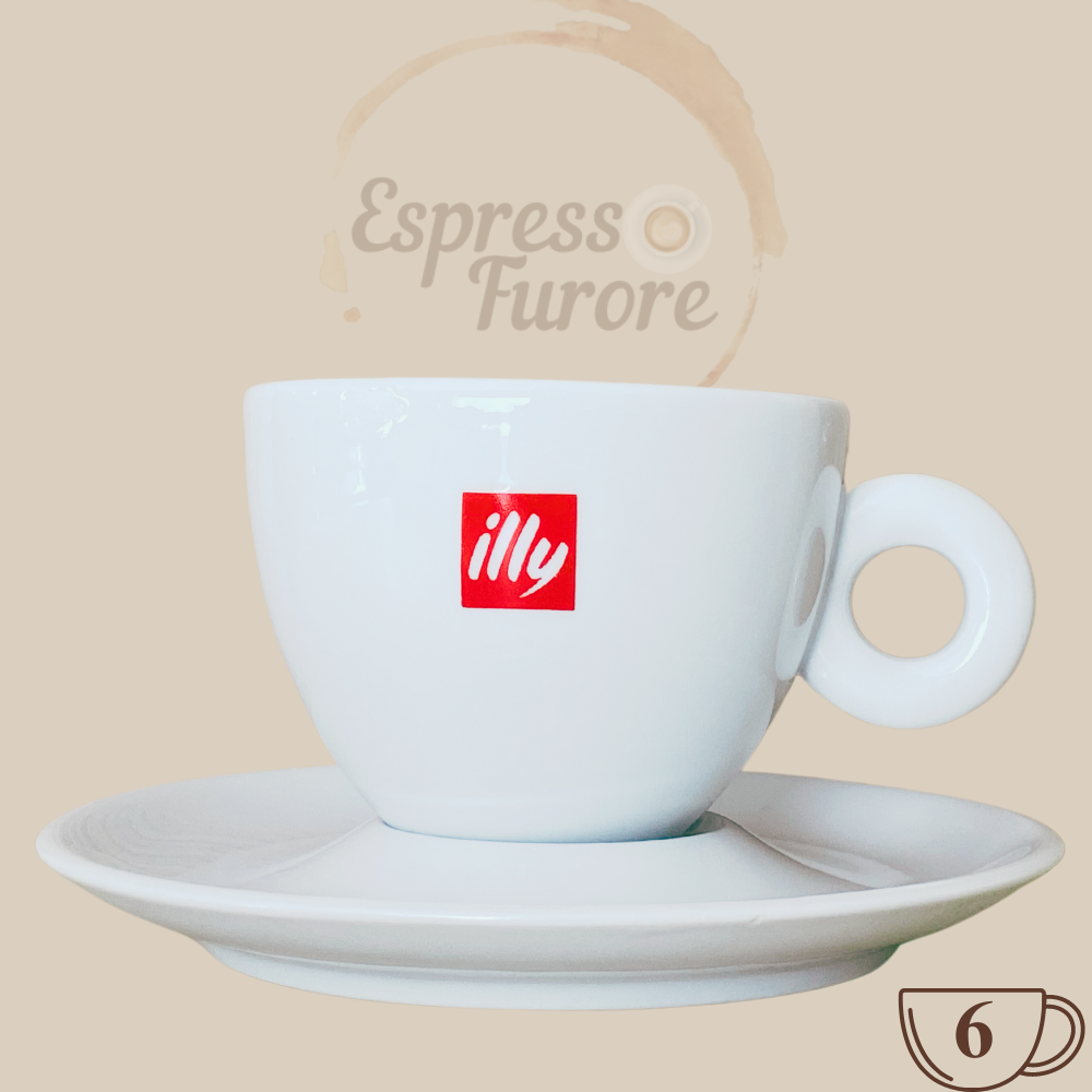 illy original Logo Cappuccinotasse mit Unterteller weiß 6 Stück Espresso Furore