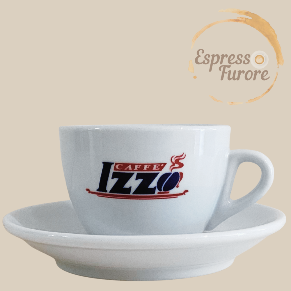 Izzo original Logo Cappuccinotasse mit Unterteller weiß 6 Stück Espresso Furore