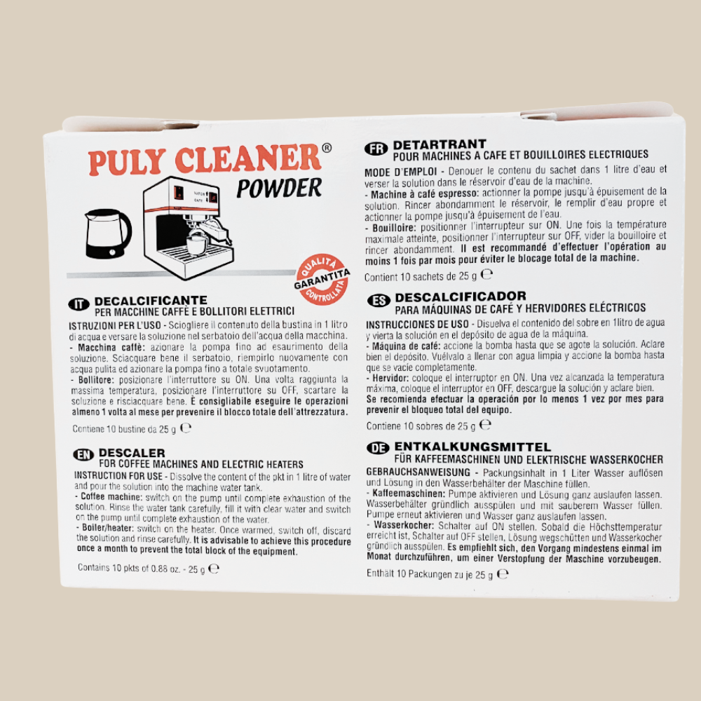 PULY CLEANER POWDER  Entkalker für Espressomaschinen und Wasserkocher 10 x 25g