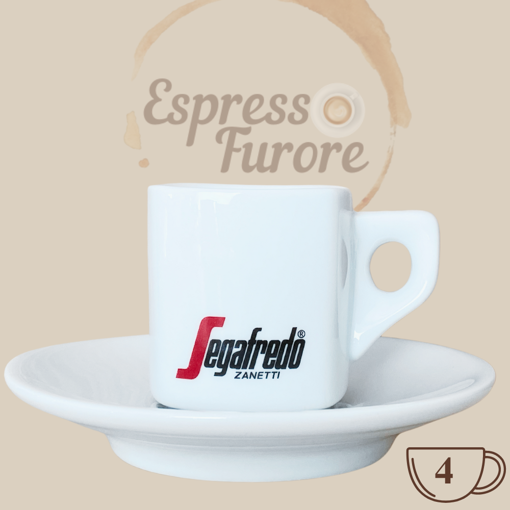 Segafredo original Logo Espressotassen mit Unterteller weiß 4 Stück Espresso Furore