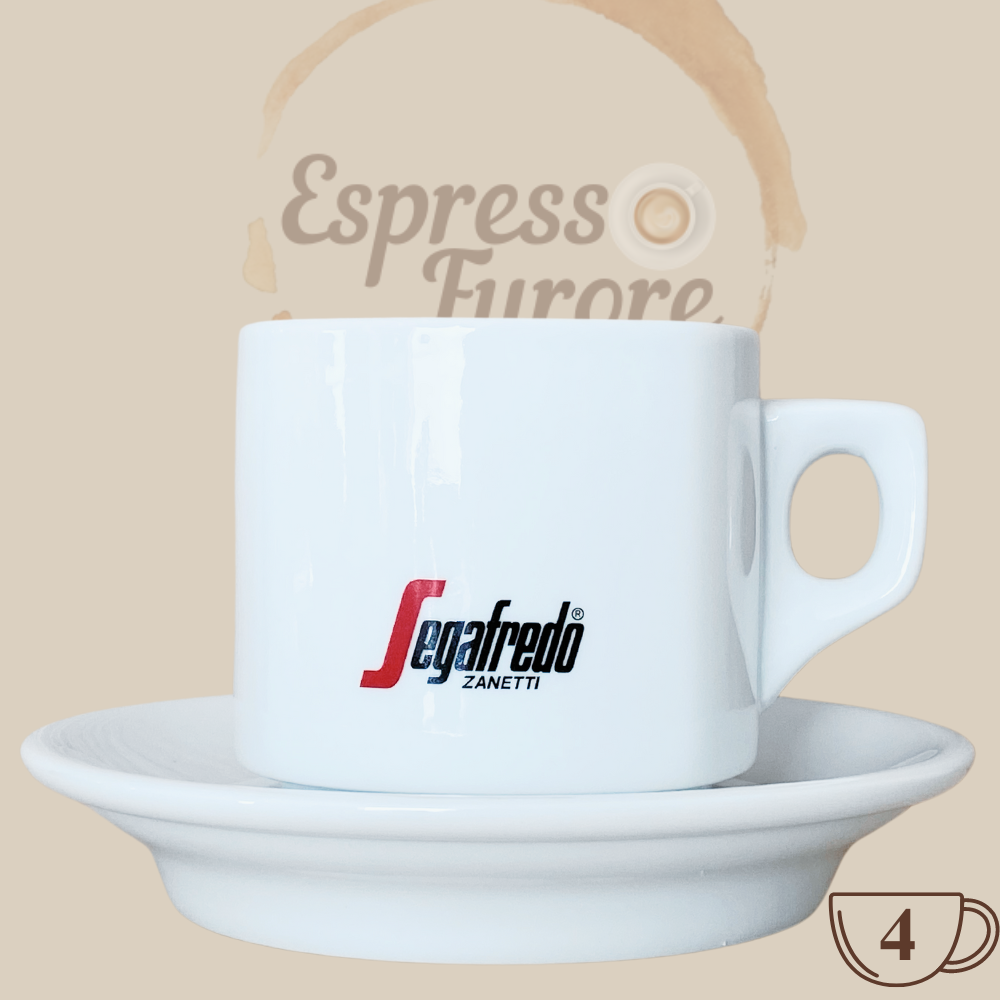 Segafredo original Logo grande Cappuccinotassen mit Unterteller weiß 4 Stück Espresso Furore