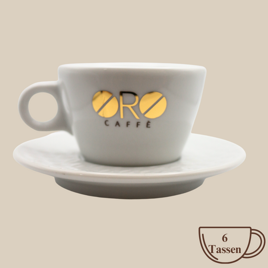 Oro Caffe Original Logo Cappuccinotasse mit Unterteller weiß 6 Stück Espresso Furore