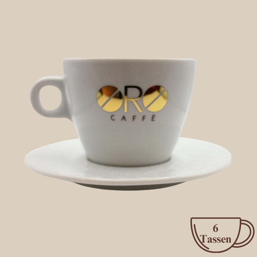 Oro Caffé Original Logo Milchkaffeetassen mit Unterteller weiß 6 Stück Espresso Furore